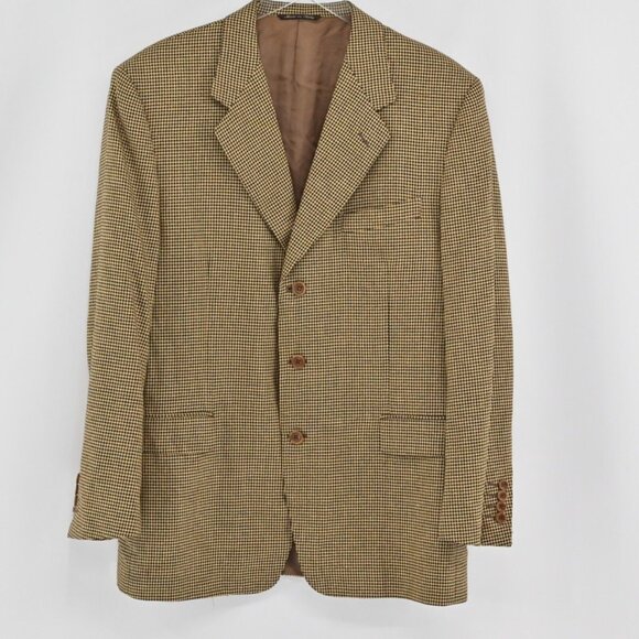VTG 90s CANALI Blazer Mens Sz 52 Tan Houndstooth Wool Silk Blend Sports Coat - Picture 2 of 12